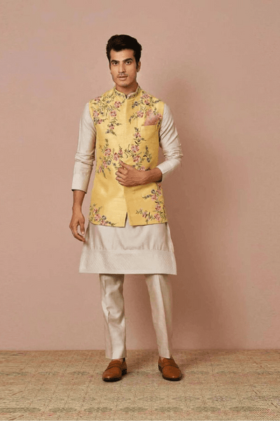 Anushree Reddy - Yellow Rawsilk threadwork bandi set - The Grand Trunk