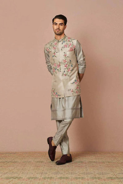 Anushree Reddy -  Grey Rawsilk iris thread embroidered bandi kurta set - The Grand Trunk