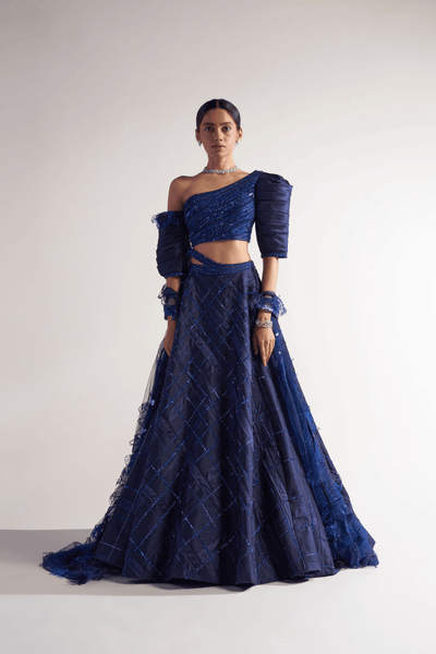 Sulakshana Monga Midnight Blue Appliqued Flared Lehenga - The Grand Trunk