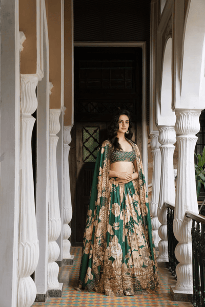 Bottle Green Floral Lehenga - The Grand Trunk