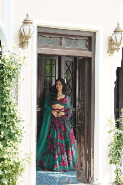 Teal Green Chiffon Floral Lehenga Set - The Grand Trunk