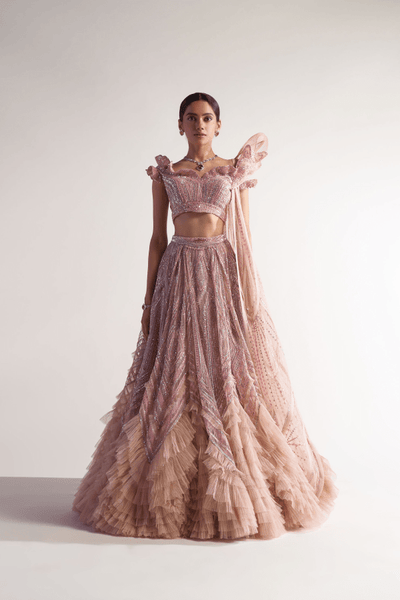 Sulakshana Monga Peach Ruffled Lehenga - The Grand Trunk