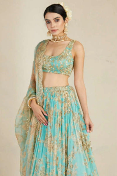 Mint Chiffon Floral Lehenga Set