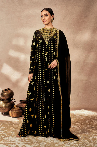 Black Gold Potters Touch Anarkali Set