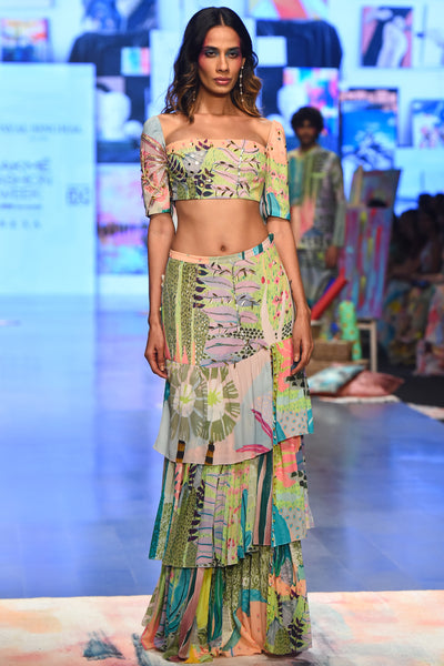 Tropical print georgette embroidered top with a layered front slit skirt. - The Grand Trunk