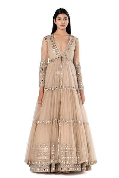 Abhinav Mishra Beige anarkali set - The Grand Trunk