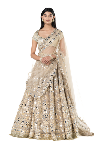 Abhinav Mishra Beige Golden lehenga set - The Grand Trunk