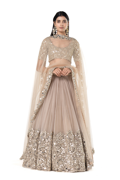 Abhinav Mishra Moon Grey embellished organza lehenga set - The Grand Trunk