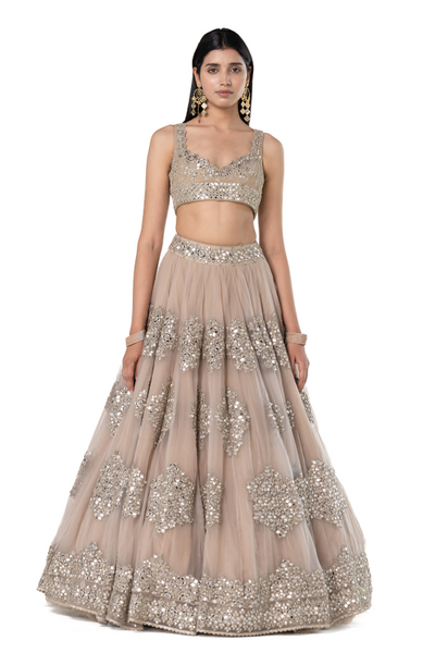 Abhinav Mishra Moon Grey embellished organza lehenga set - The Grand Trunk