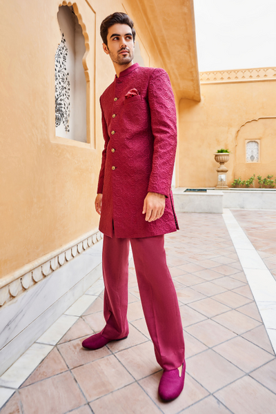 Zehab Sherwani - Maroon - The Grand Trunk