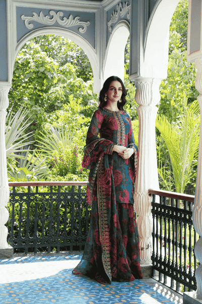 Teal Green Floral Kurti Set in Organza silk. - The Grand Trunk