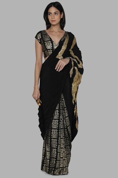 Black Crinkle Gota Palla Sari with Bunch of Birds Pre- Pleats Pleats and Blouse Piece - The Grand Trunk