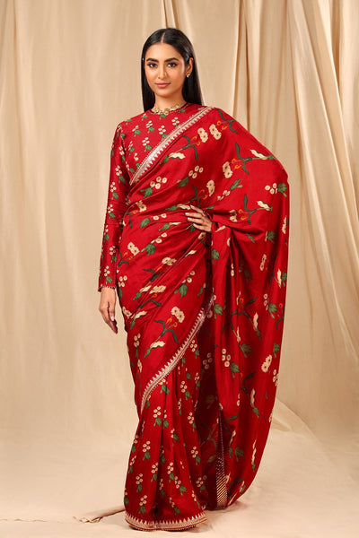 Red Spring Blossom Saree - The Grand Trunk