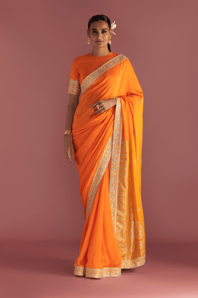 Orange Colour-Block Brocade Saree - The Grand Trunk