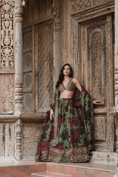 Mehendi Green Floral Lehenga Set - The Grand Trunk