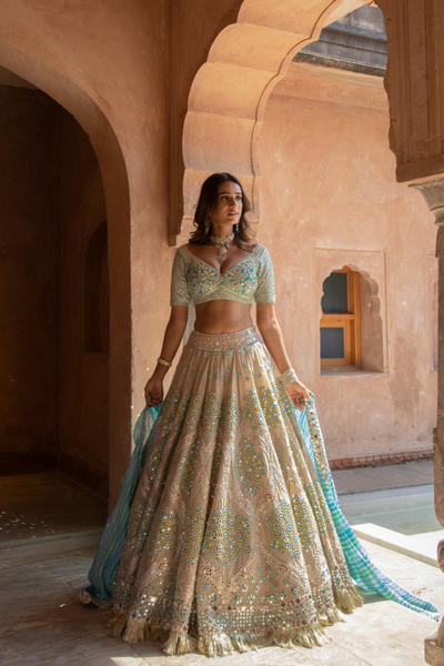 Abhinav Mishra Evening grey geometric pattern lehenga with chiffon duppata - The Grand Trunk