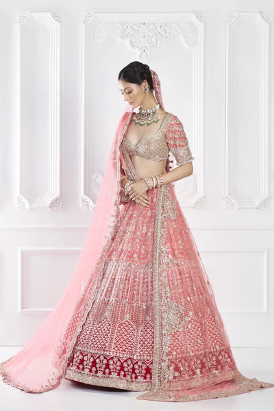 Coral Pink Embroidered Lehenga - The Grand Trunk