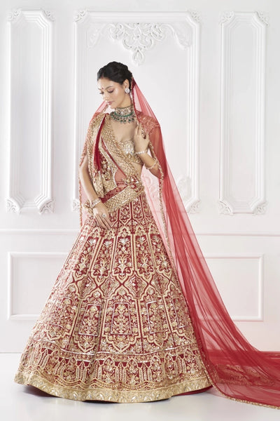 Red Gold Architectural Embroidered Lehenga Set - The Grand Trunk