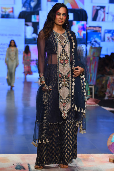 Navy organza embroidered yoke anarkali with dash ikat banarasi georgette palazzo and mukaish net dupatta. - The Grand Trunk