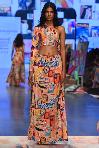 Trance print crepe embroidered side tie-up choli with a skirt. - The Grand Trunk