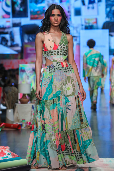 Tropical print georgette embroidered cut-out dress. - The Grand Trunk