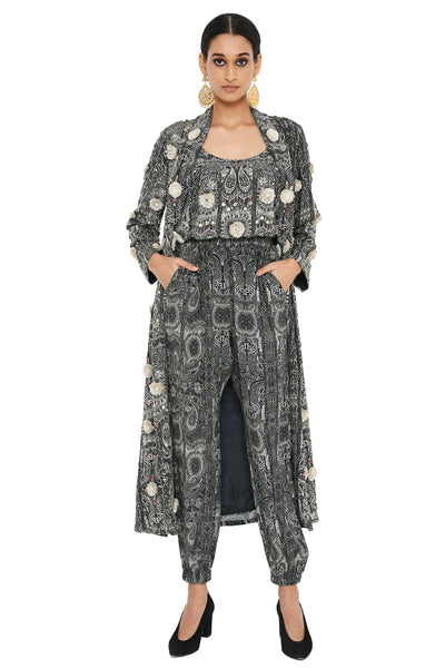 Payal Singhal - Printed Long Blazer Jacket With Camisole and Jogger Pants - The Grand Trunk