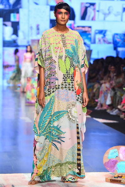 Tropical print crepe embroidered kaftan. - The Grand Trunk