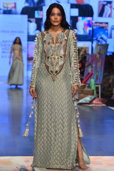 Powder blue dash ikat banarasi georgette kaftaan with organza detailed sleeves. - The Grand Trunk