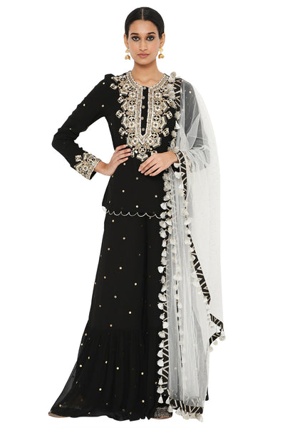 Payal Singhal  Mukaish Short Kurta With Frill Palazzo And Mukaish Dupatta - The Grand Trunk