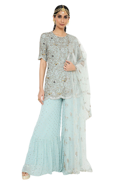 Payal Singhal Embroidered Kurta With Dot Mukaish Georgette Sharara And Dot Mukaish Net Dupatta - The Grand Trunk