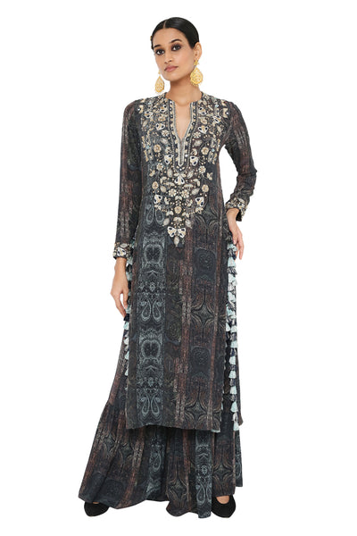 Payal Singhal Printed embroidered Backless Kurta With Sharara - The Grand Trunk