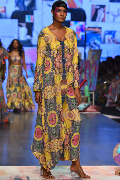 Yellow enchanted print crepe embroidered kurta with cropped palazzo. - The Grand Trunk