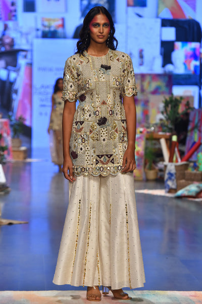 Off white georgette embroidered kurta with back cut out and abla silk sharara and net mukaish dupatta. - The Grand Trunk