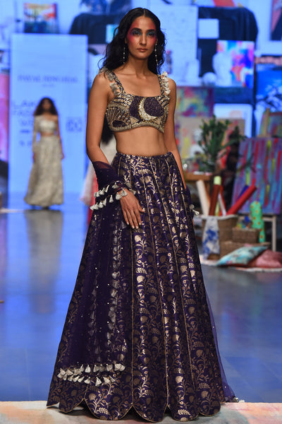 Navy dupion brocade silk embroidered bustier with brocade scalloped hem lehenga and mukaish net dupatta. - The Grand Trunk