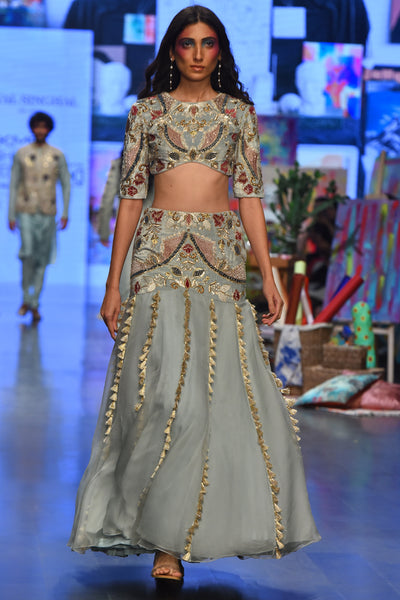 Powder blue velvet embroidered choli with a velvet basque organza skirt and mukaish net dupatta. - The Grand Trunk