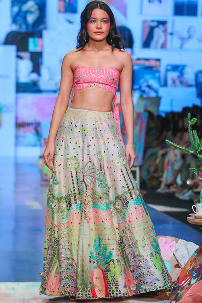 Pink kite georgette printed embroidered bustier with tropical dupion silk printed embroidered lehenga and a pink mukaish net dupatta with tassels. - The Grand Trunk