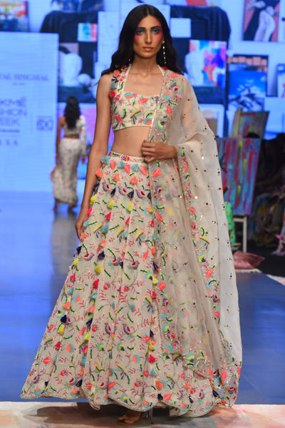 Stone georgette embroidered halter top & lehenga with mukaish organza dupatta. - The Grand Trunk