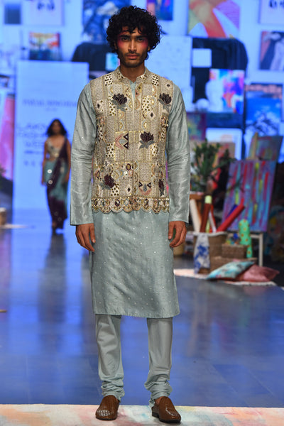 Off white georgette embroidered bandi with aqua abla silk kurta and cotton silk churidar. - The Grand Trunk