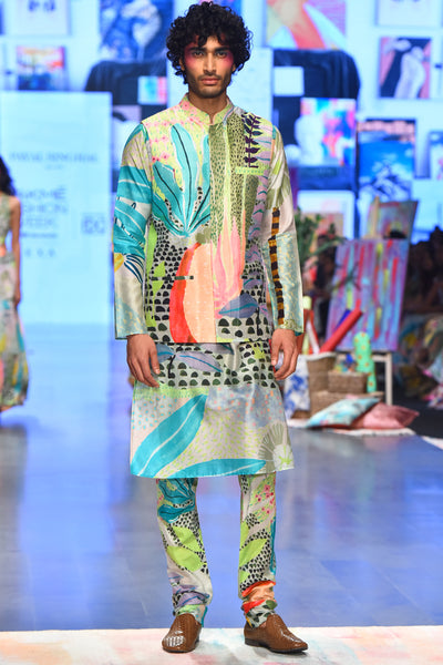 Tropical print dupion silk bandi with silkmul kurta and churidar. - The Grand Trunk