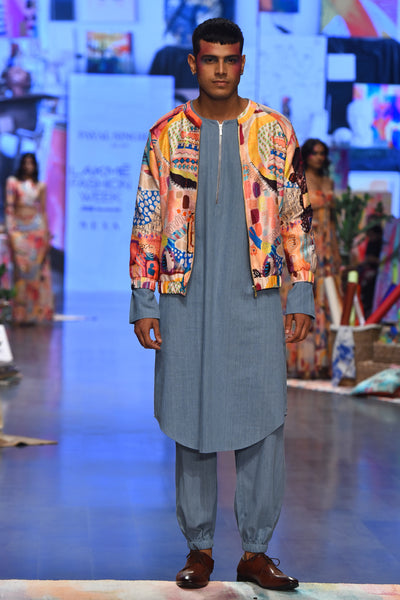 Trance print dupion silk bomber jacket with denim kurta and jogger pants. - The Grand Trunk