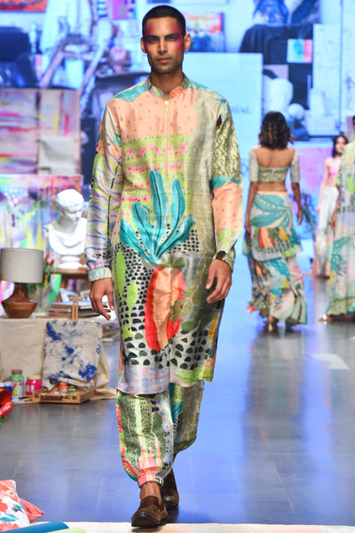 Tropical dupion silk printed bomber kurta with jogger pants. - The Grand Trunk