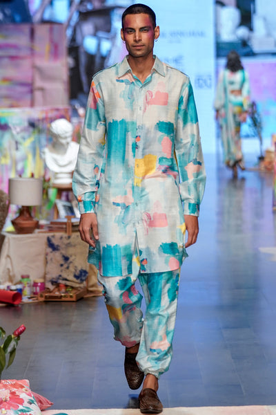 Painterly print dupion silk pathani kurta with jogger pants. - The Grand Trunk