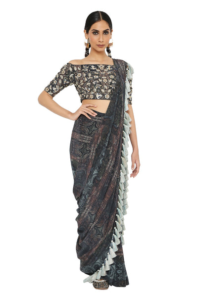 Payal Singhal  Printed Embroidered Choli With Pre-Stitched Saree - The Grand Trunk