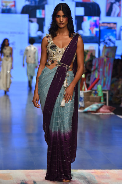 Off white georgette embroidered choli with powder blue and purple georgette sequins saree. - The Grand Trunk