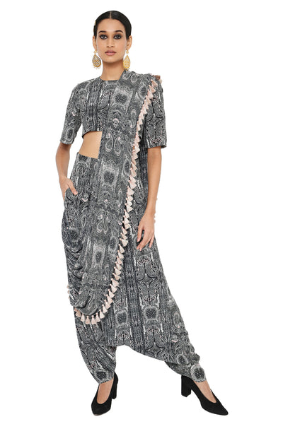 Payal Singhal  Printed  Blouse And Low Crotch Pants With Attached Drape - The Grand Trunk