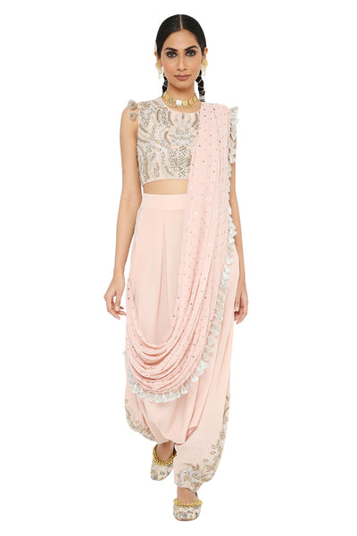 Suroor Rose Pink Colour Embroidered Choli And Dhoti With Drape - The Grand Trunk