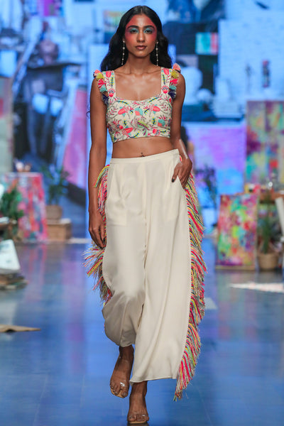 Stone georgette embroidered bustier with plain georgette cropped culotte pants. - The Grand Trunk