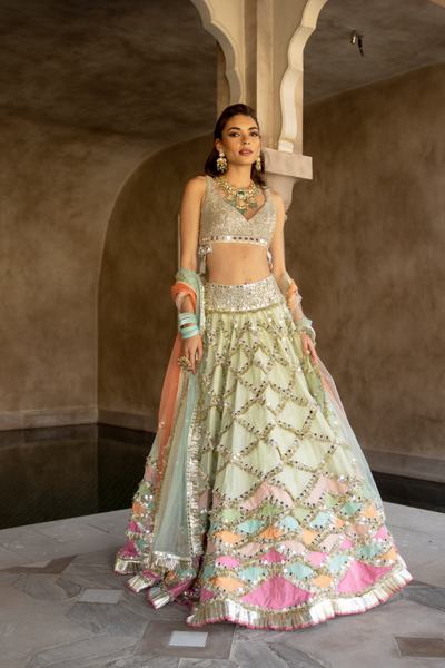 Abhinav Mishra Hand embroidered blouse with multicolour patch work lehenga - The Grand Trunk