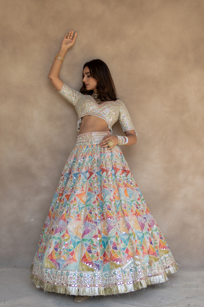 Abhinav Mishra Hand embroidered blouse with pastel shade printed lehenga - The Grand Trunk