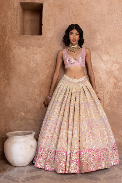 Abhinav Mishra Hand embroidered blouse with printed lehenga - The Grand Trunk